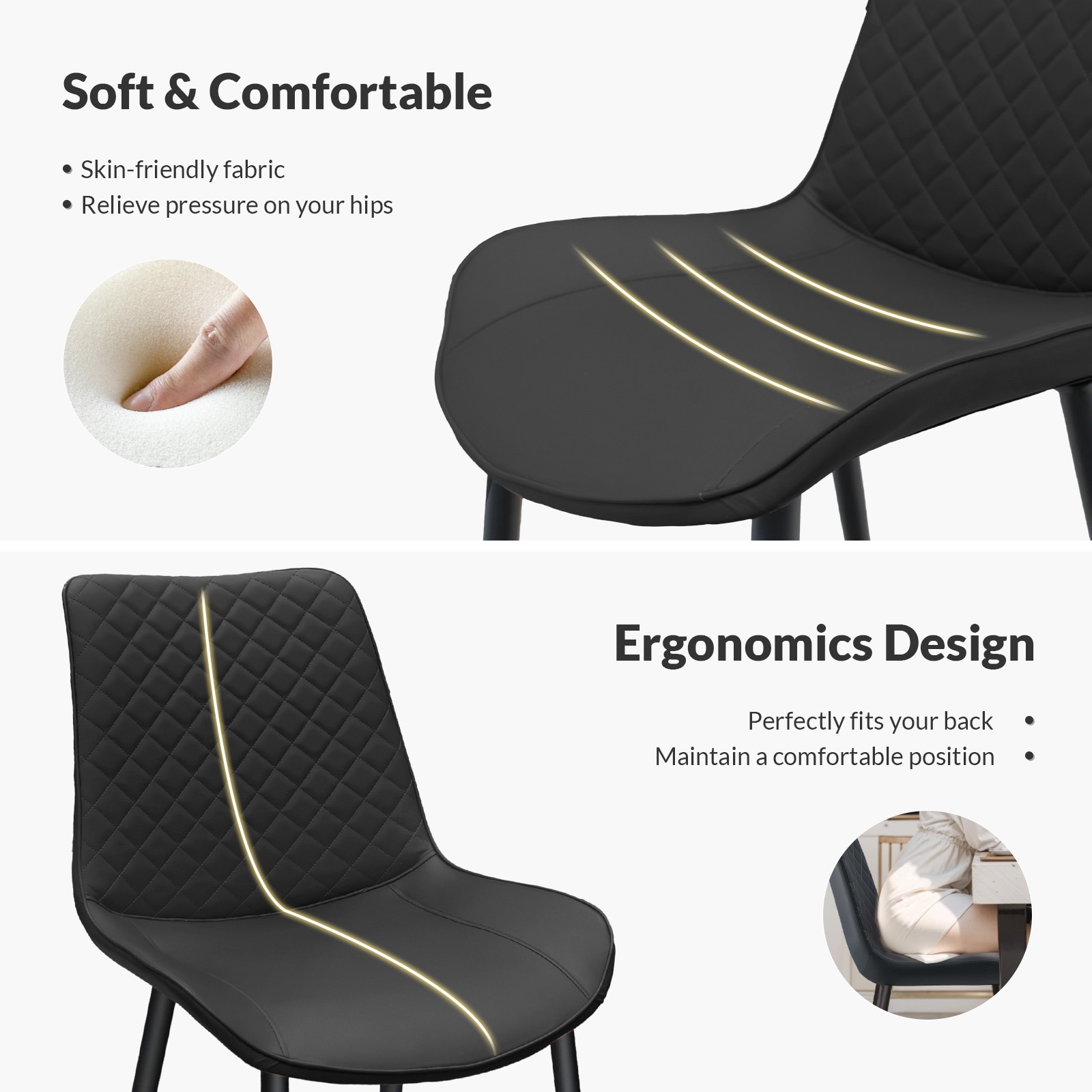 Black PU Leather Dining Chair with Metal Legs, Chequer Upholstered Armless Chair Set of 4 for Kitchen, Restaurant, Living, Meeting Room